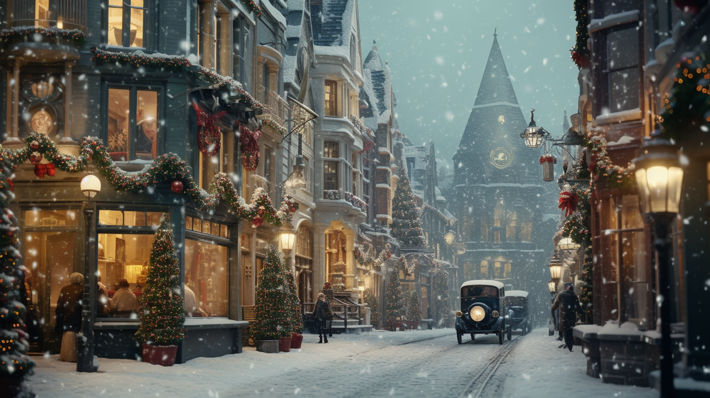 AI generated: Midjourney prompt: a street lined with christmas trees along with sno... (Midjourney - Architecture)
