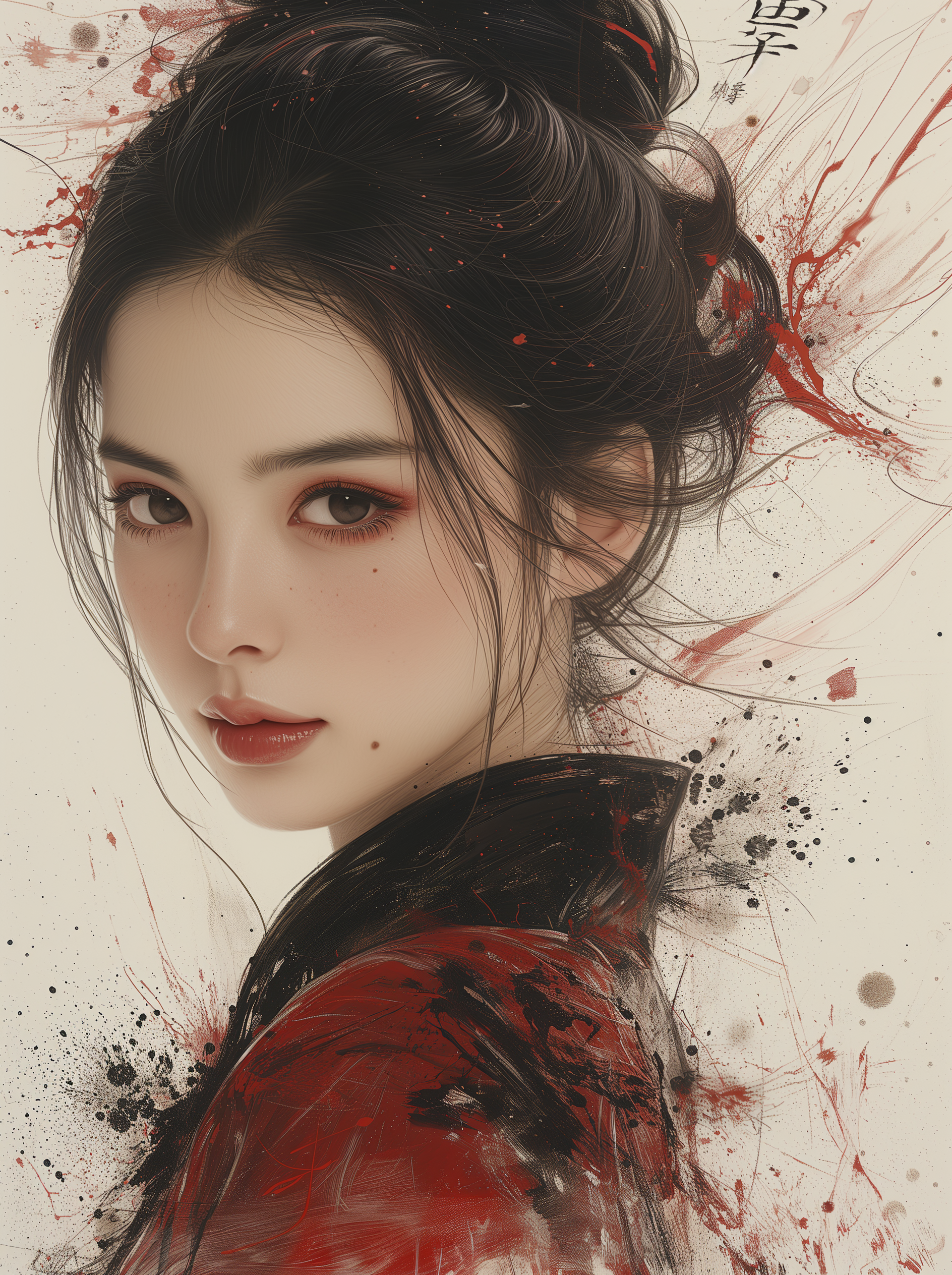Midjourney prompt: a painting of a woman in red with black hair, in t... - Midjourney