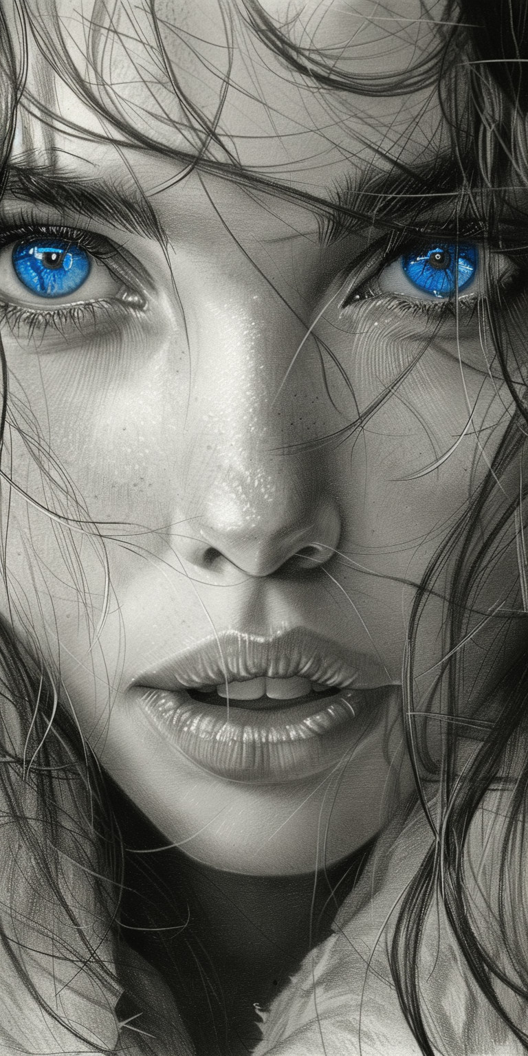 Midjourney prompt: a pencil drawing of a beautiful woman with blue ey... - Midjourney