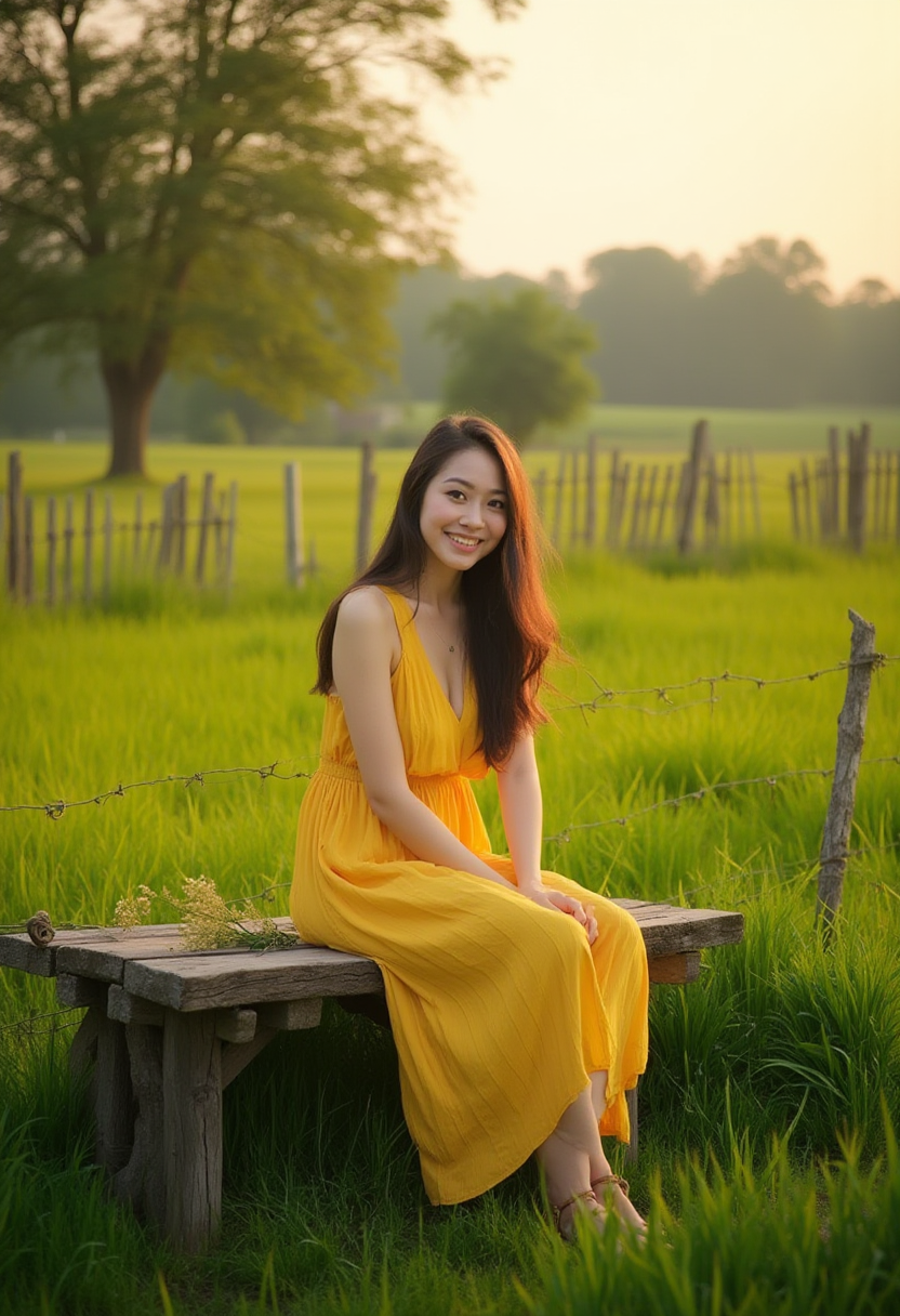 صورة مولدة بالذكاء الاصطناعي: FLUX prompt: In the heart of a verdant field, a young woman in ... (نموذج FLUX - تصوير فوتوغرافي)