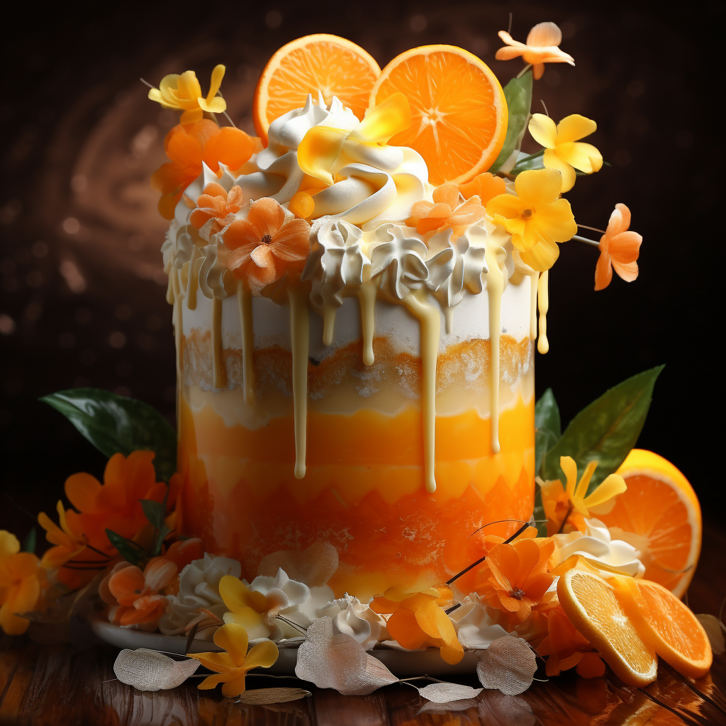 AI generated: Midjourney prompt: orange juice in the shape of a cake, a clear and d... (Midjourney - Concept Art)
