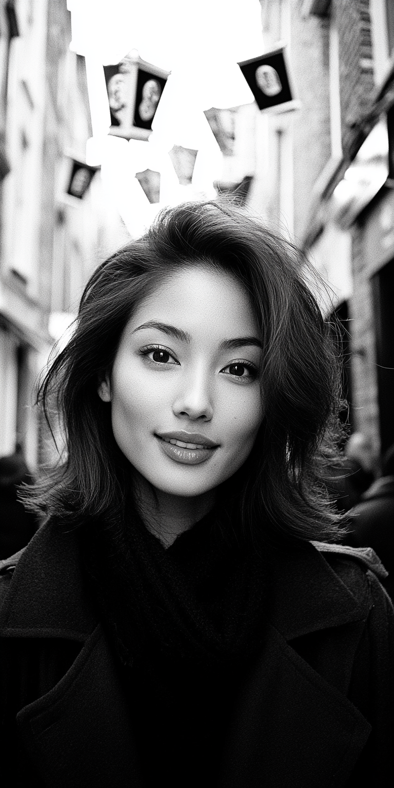 Midjourney prompt: Black and white street photography of an attractiv... - Midjourney