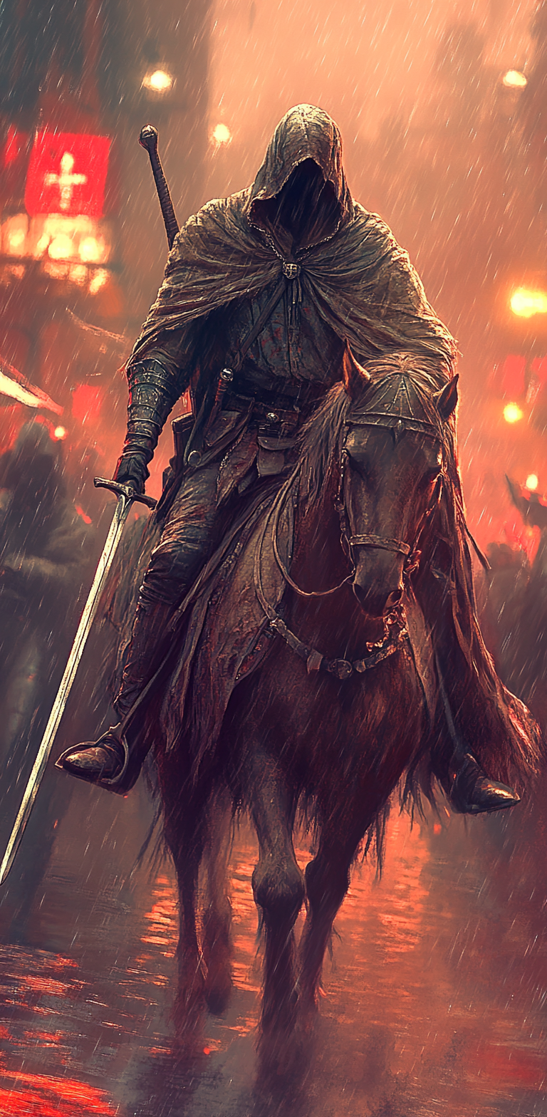 AI generated: Midjourney prompt: a dark knight on horseback with long sword, in the... (Midjourney - Character Design)