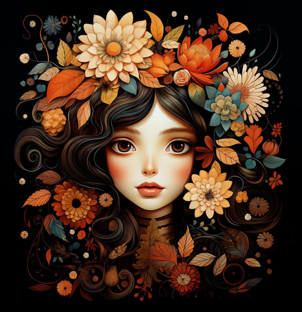 Midjourney prompt: illustrative beauty fall floral illustration on bl... - Midjourney