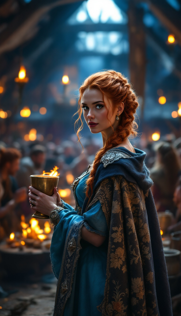 AI generated: FLUX prompt: A graceful Viking woman with fiery red hair tied i... (FLUX - Portraits)