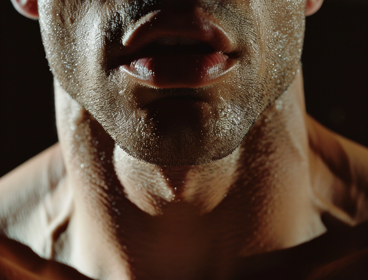 Midjourney prompt: Close up of an attractive muscular man's mouth, in... - Midjourney