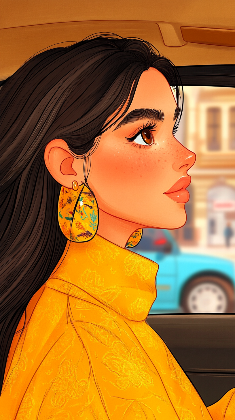 Midjourney prompt: A hand-drawn illustration of a woman with long bla... - Midjourney