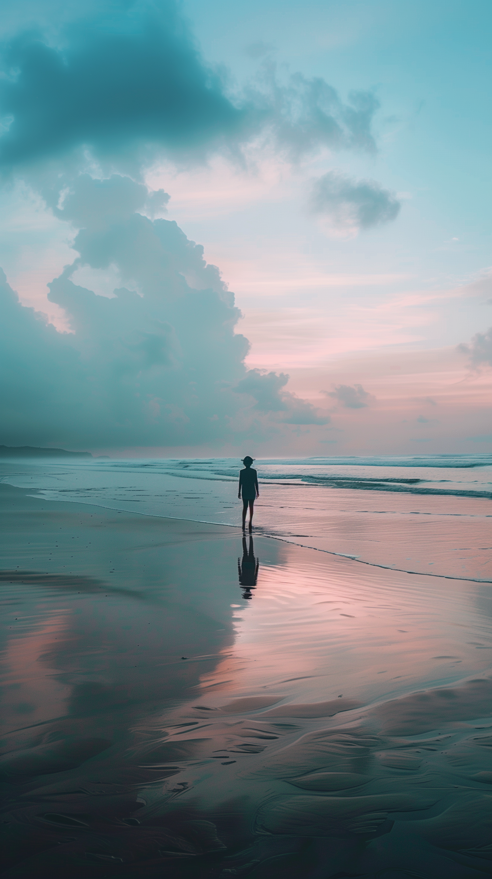 صورة مولدة بالذكاء الاصطناعي: Midjourney prompt: scene of a person walking along a beach at twiligh... (نموذج Midjourney - تصوير فوتوغرافي)