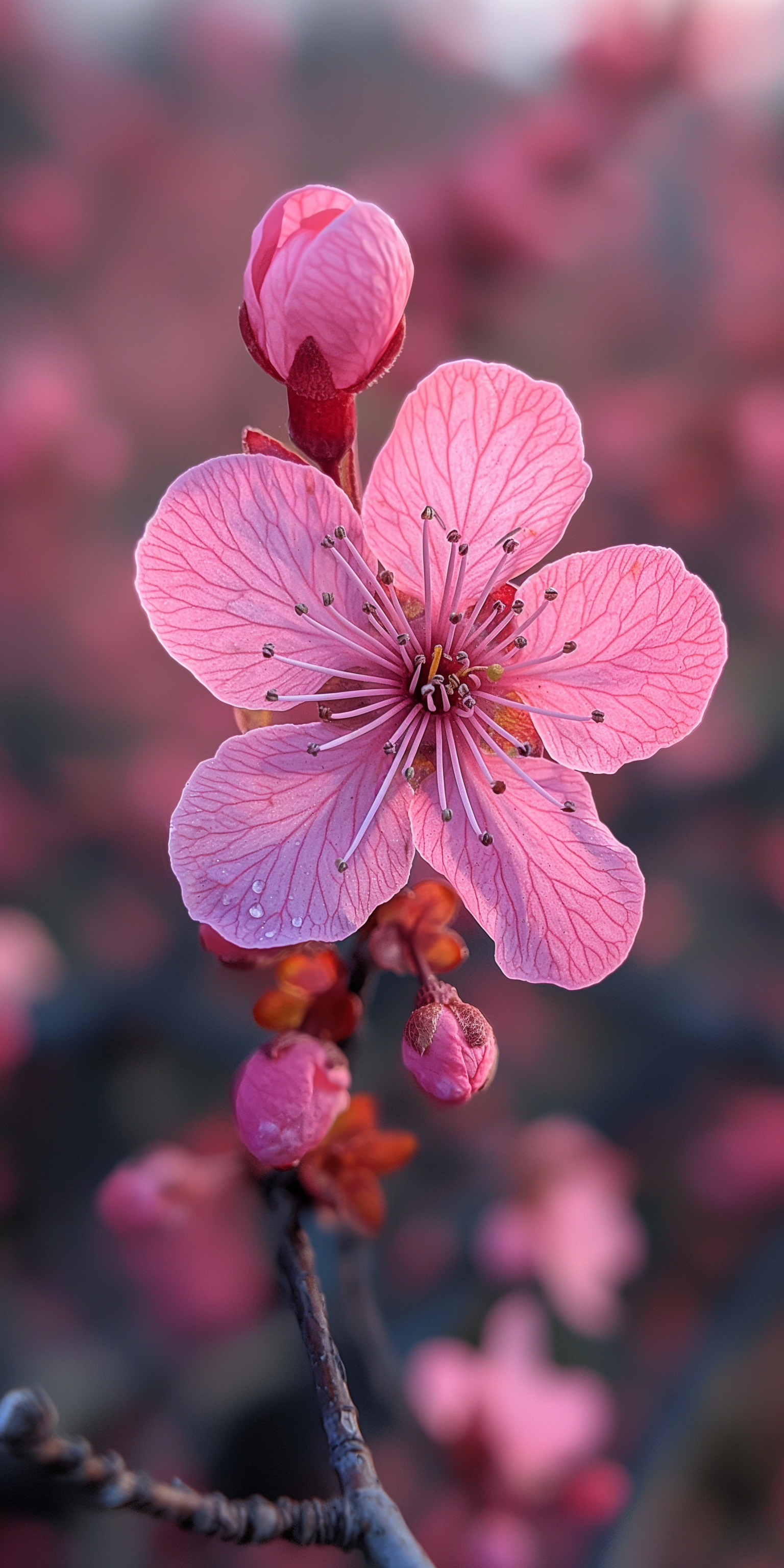 صورة مولدة بالذكاء الاصطناعي: Midjourney prompt: An intense closeup photograph of a cherry blossom ... (نموذج Midjourney - تصوير فوتوغرافي)