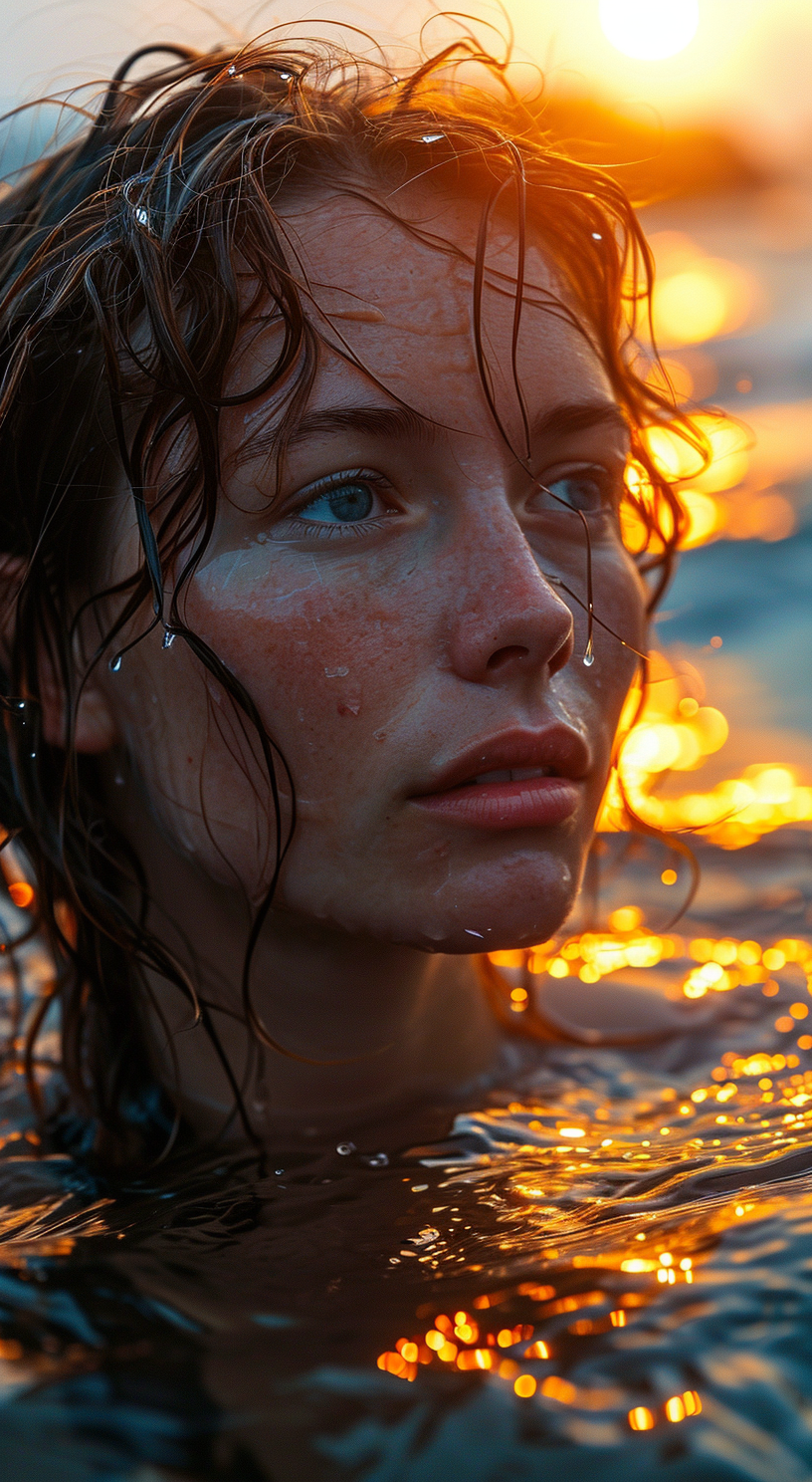 AI generated: Midjourney prompt: girl in the ocean on sunset, in the style of hyper... (Midjourney - Photography)