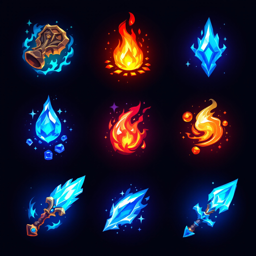 FLUX prompt: video games icons, 2d icons, rpg skills icon...