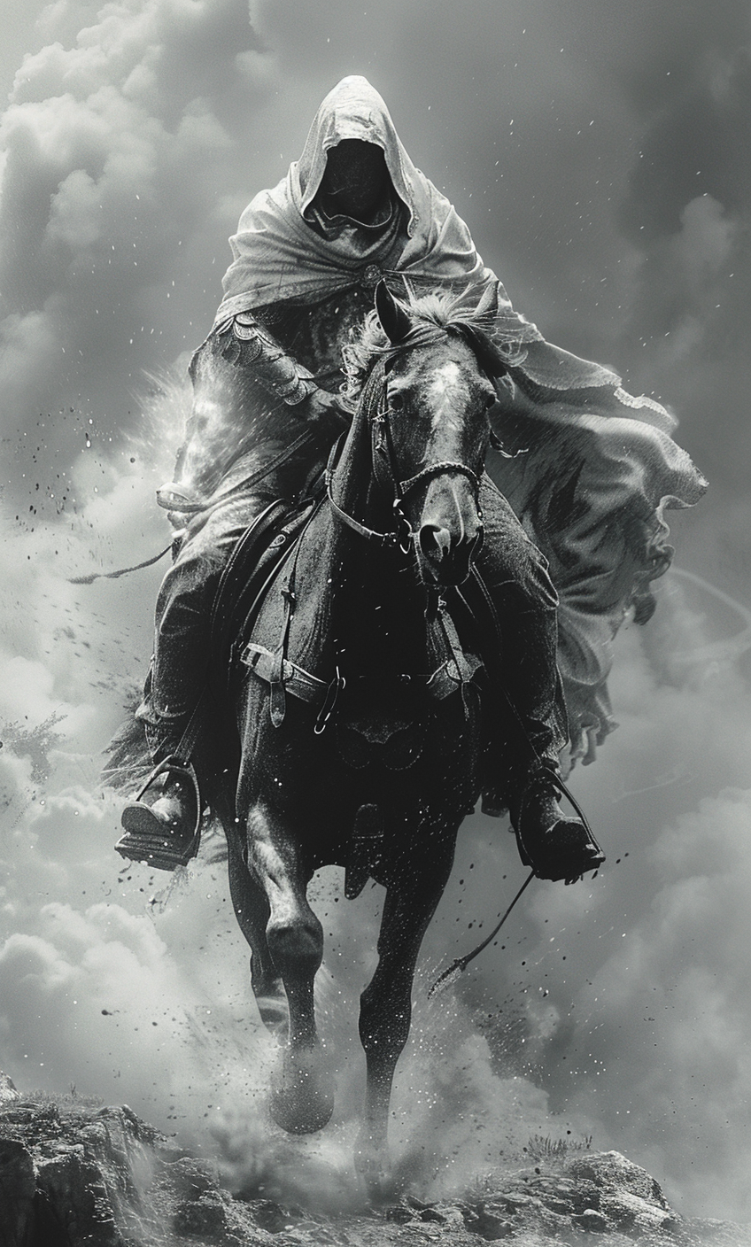 Midjourney prompt: Black and white art of a hooded knight riding his ... - Midjourney