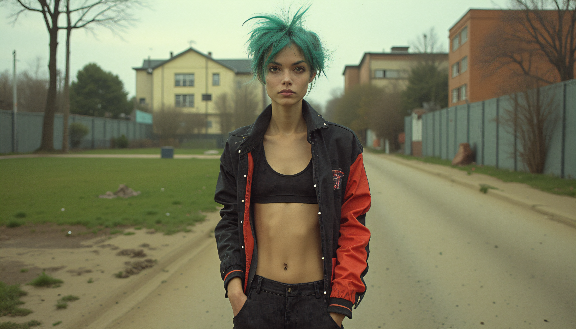 AI generated: FLUX prompt: Young woman with short spiky emerald hair, cropped... (FLUX - Fashion)
