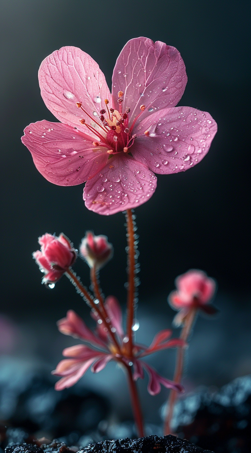 صورة مولدة بالذكاء الاصطناعي: Midjourney prompt: Photo of a single pink wildflower against a black ... (نموذج Midjourney - تصوير فوتوغرافي)