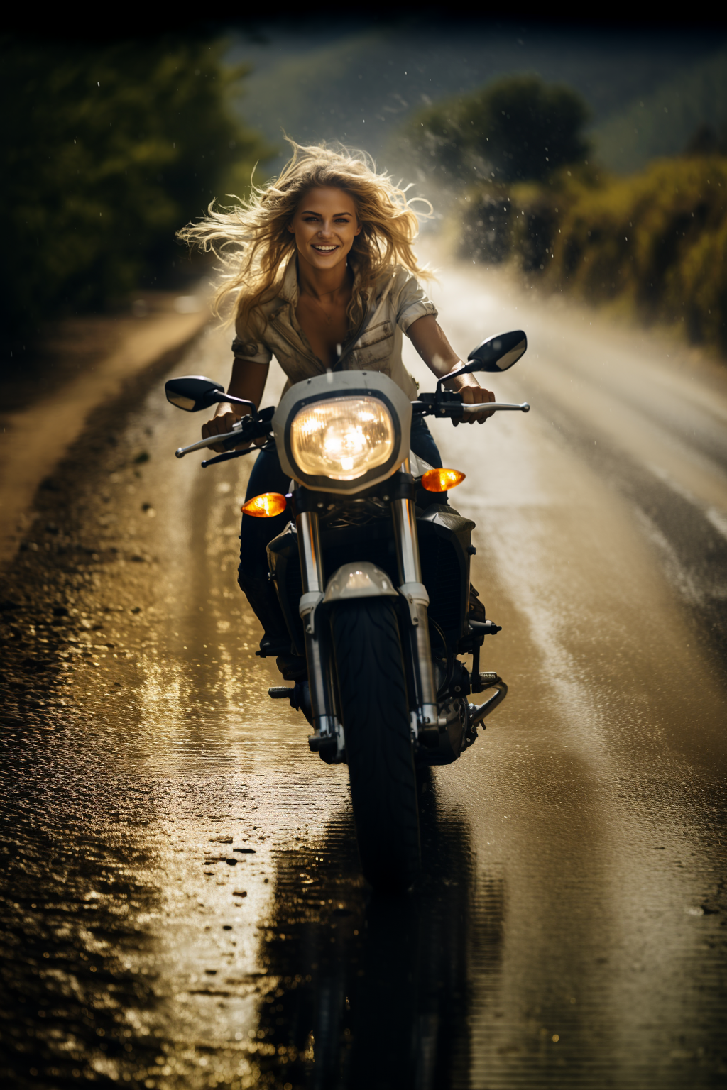 AI generated: Midjourney prompt: rain, fog, mist, reflections, sun rays, A blonde w... (Midjourney - Photography)