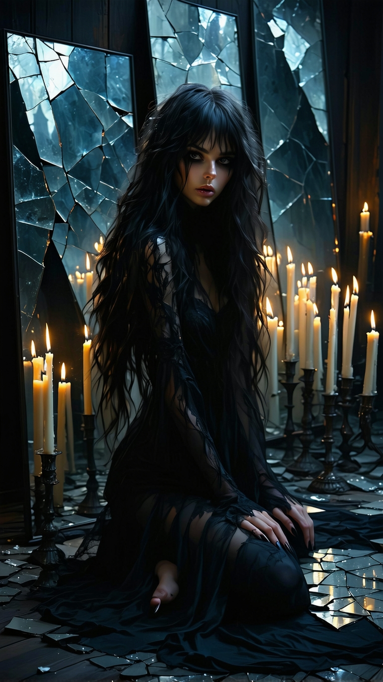 صورة مولدة بالذكاء الاصطناعي: Stable Diffusion prompt: A solitary female goth figure with long black wavy... (نموذج Stable Diffusion - فن مفاهيمي)