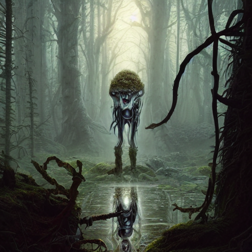 Stable Diffusion prompt: highly detailed creepy forest hu...