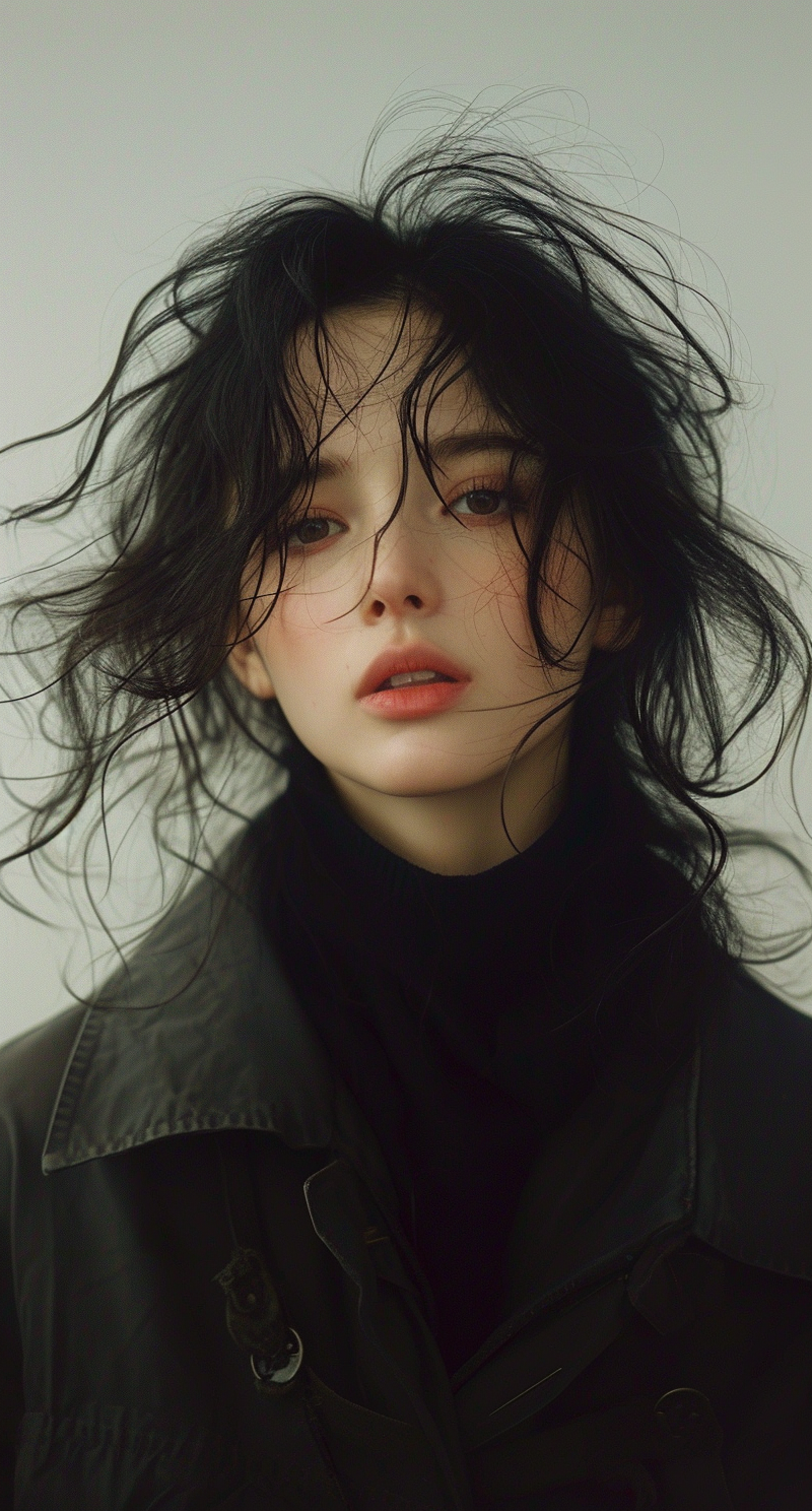 Midjourney prompt: a woman with flowing, black hair is posing, in the... - Midjourney