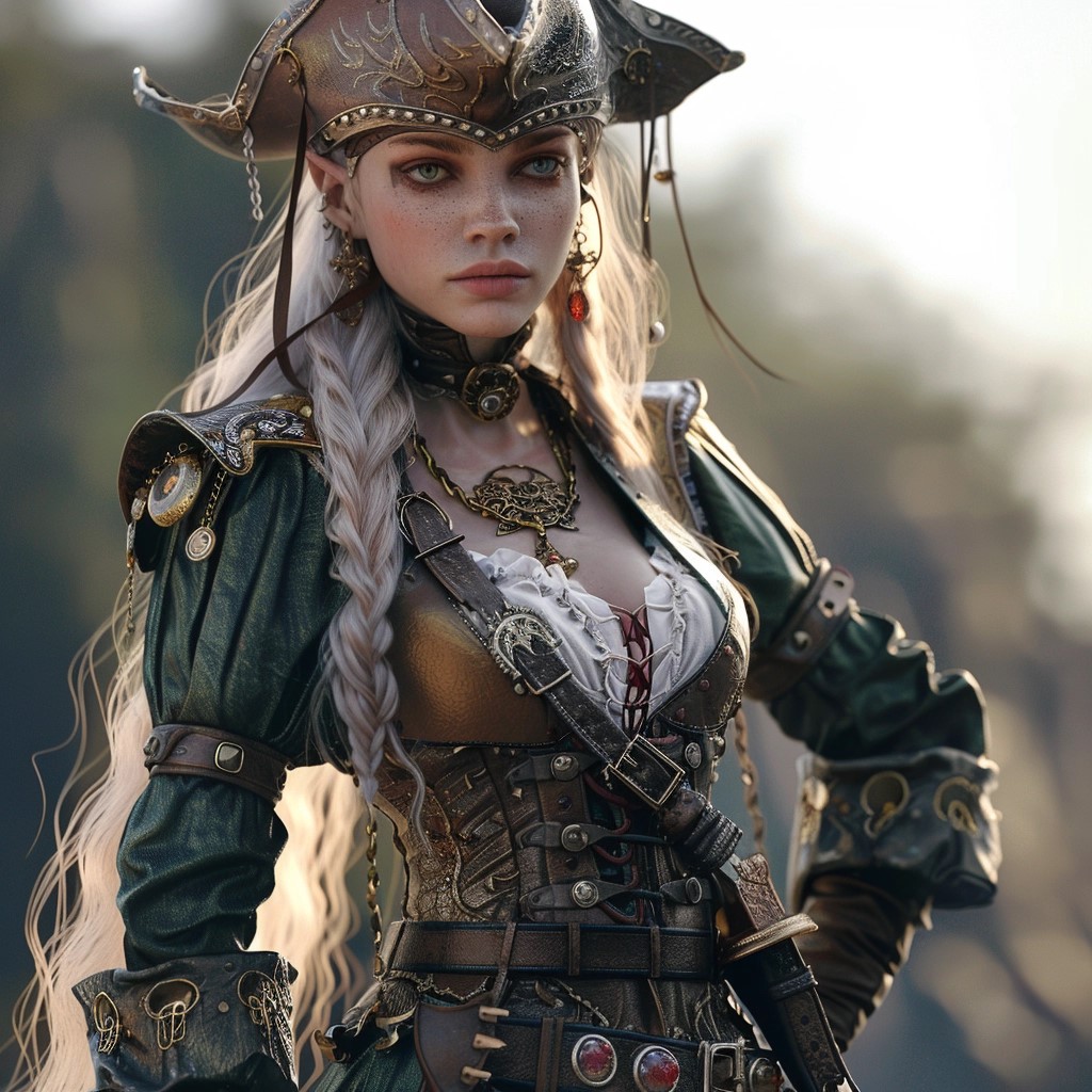 AI generated: Midjourney prompt: Female elf pirate, dnd, full body, photo realistic (Midjourney - Photography)