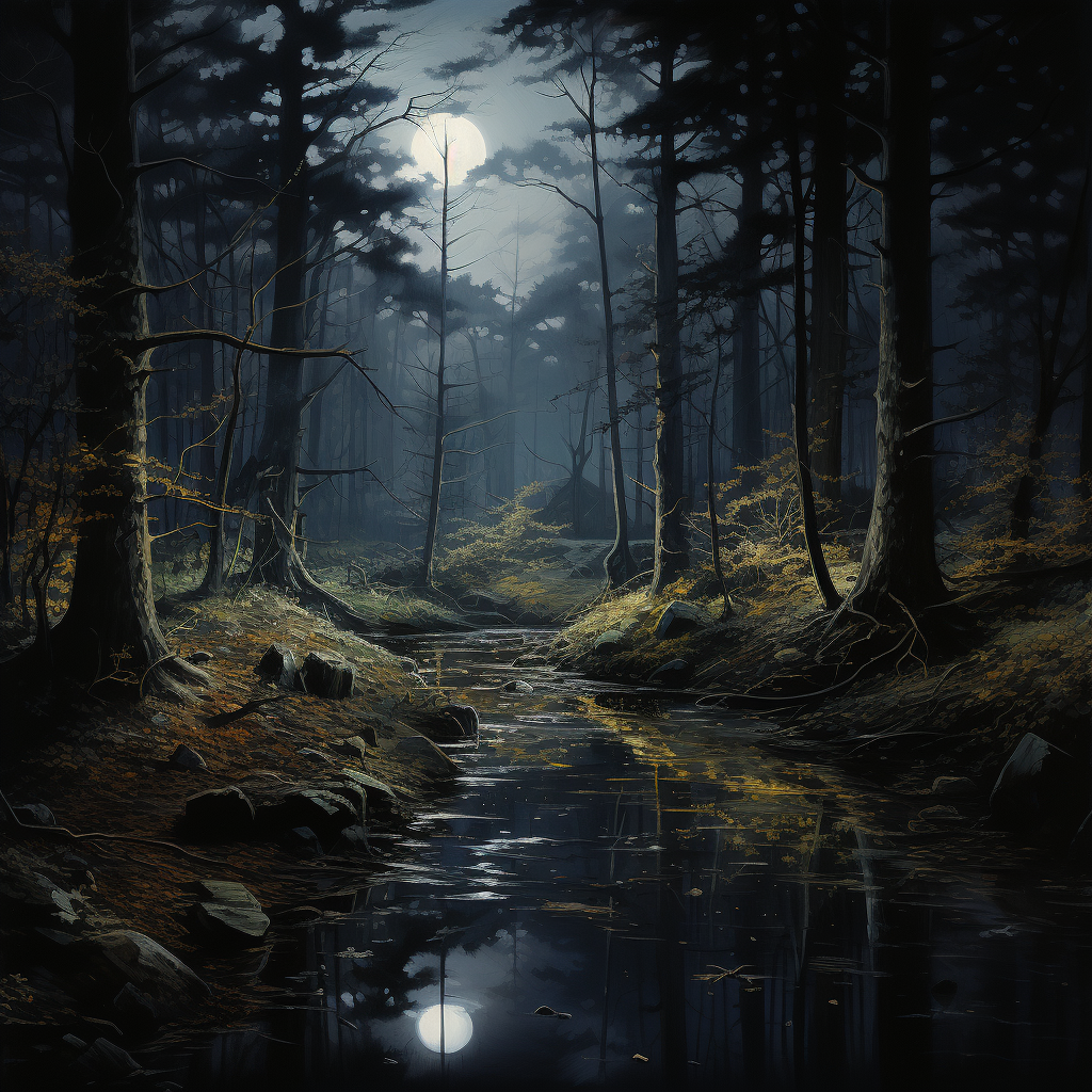 AI generated: Midjourney prompt: A photorealistic painting of a forest at night, wi... (Midjourney - Portraits)