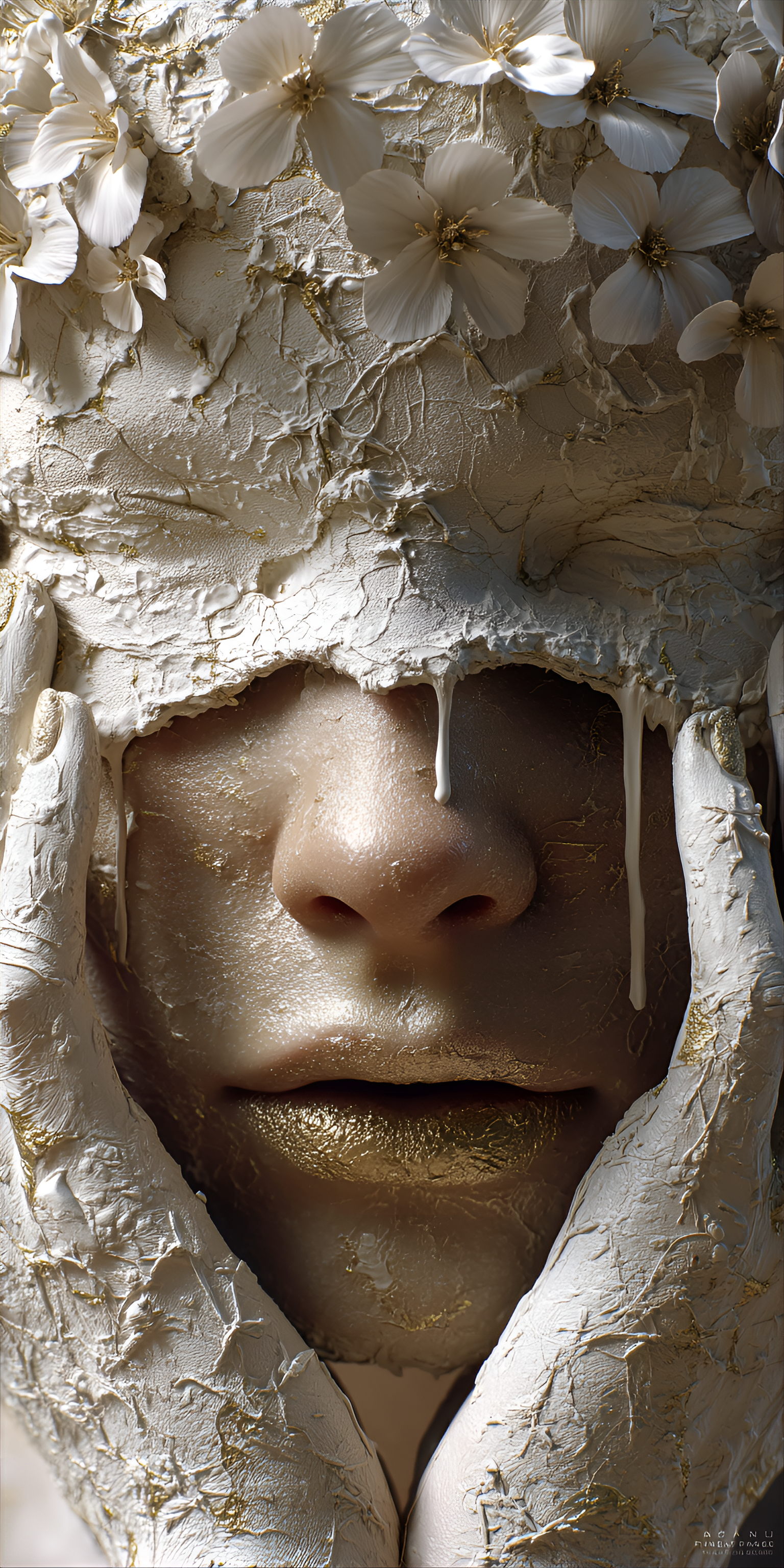 AI generated: Midjourney prompt: woman's face, partially obscured by a mask made of... (Midjourney - Portraits)