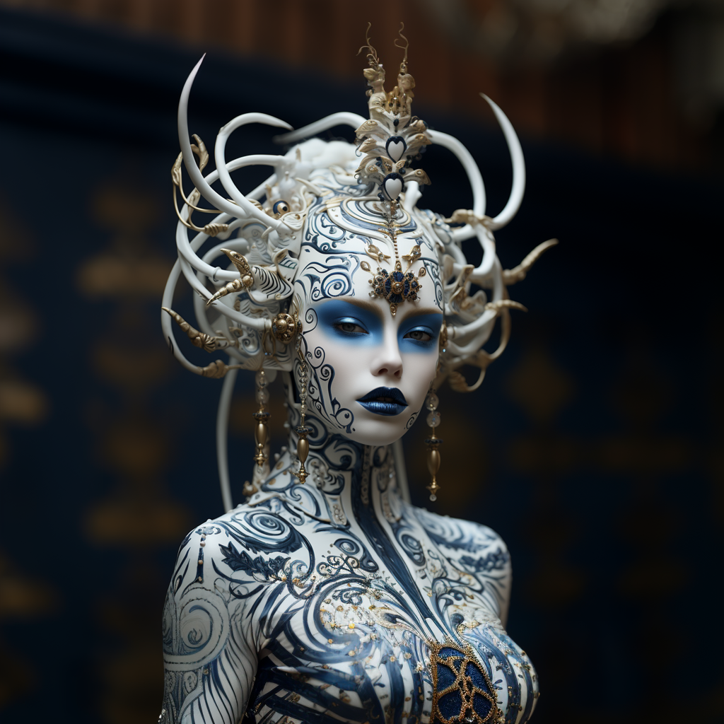 AI generated: Midjourney prompt: a girl with a white face paint and black makeup, i... (Midjourney - Portraits)