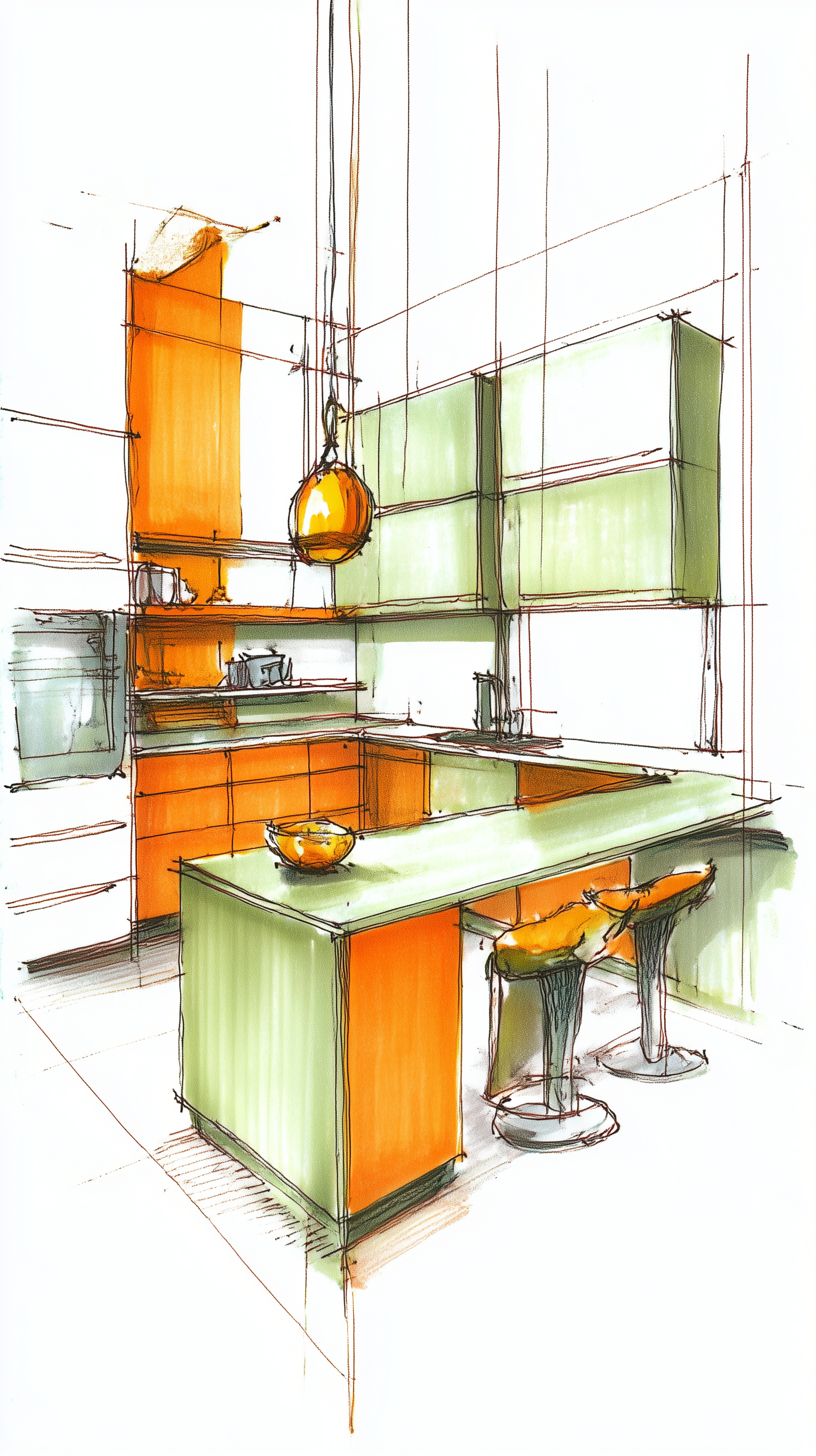 صورة مولدة بالذكاء الاصطناعي: Midjourney prompt: spatial ideation sketch, concept kitchen design, m... (نموذج Midjourney - تصميم داخلي)