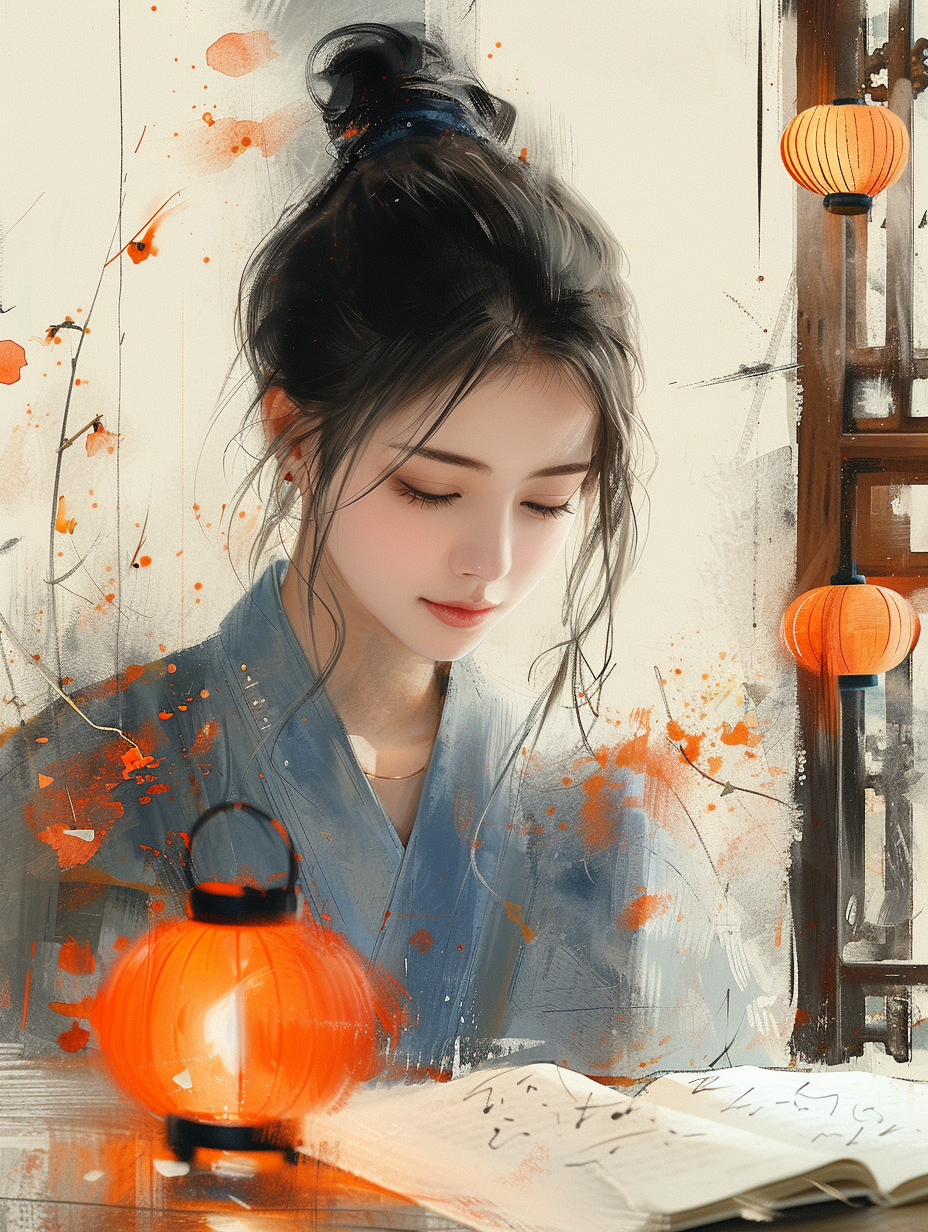 AI generated: Midjourney prompt: chinese illustration of a girl reading a book on a... (Midjourney - Portraits)