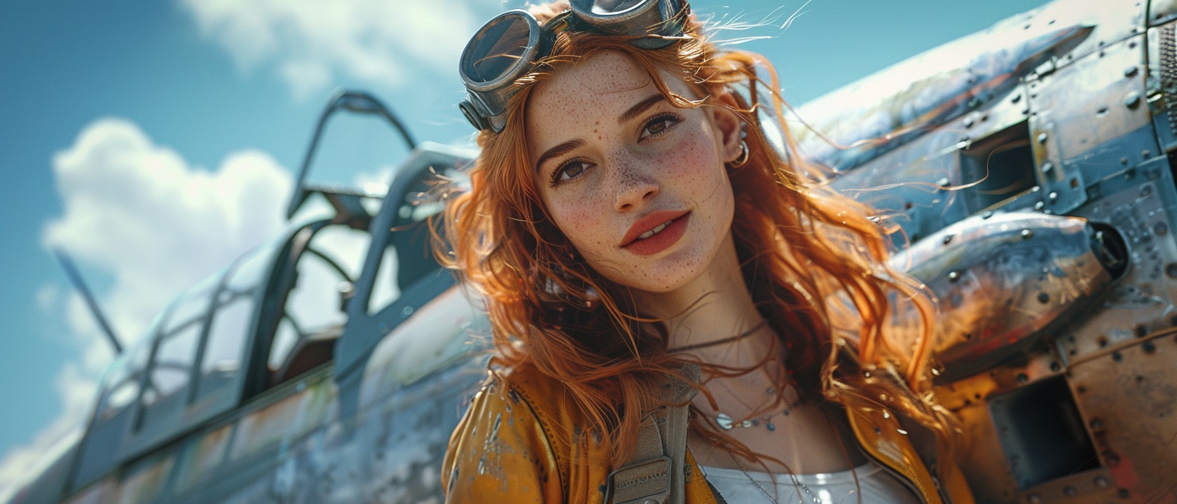 AI generated: Midjourney prompt: A female aviatrix with red hair standing on the wi... (Midjourney - Portraits)