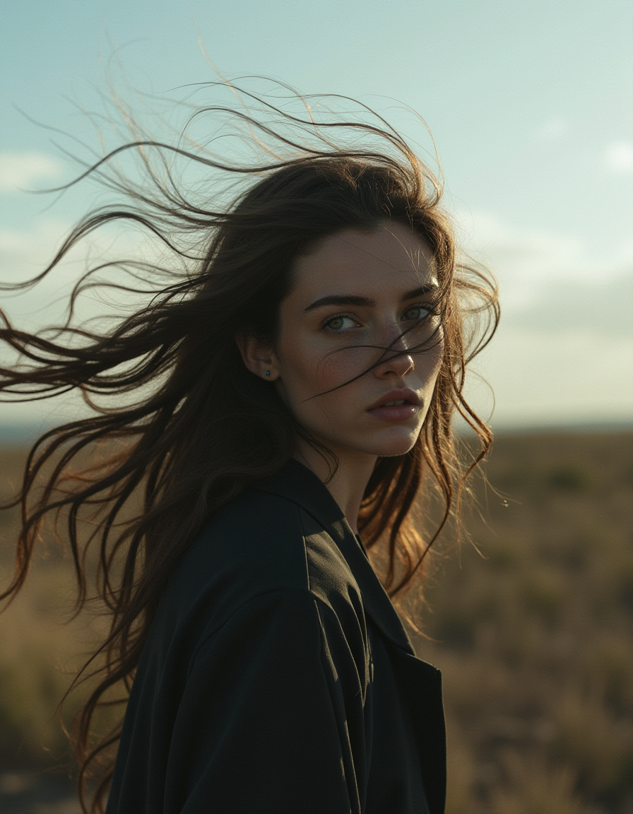 FLUX prompt: a woman with long wild hair on a windy day, in the... - FLUX
