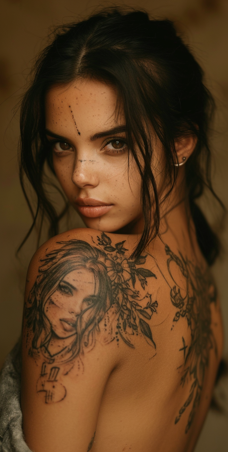 Midjourney prompt: a woman a tattoo on her arm and shoulder, in the s... - Midjourney