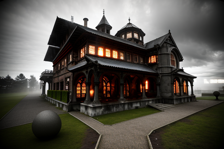 Stable Diffusion prompt: ((House)), forest, fog, witchs,