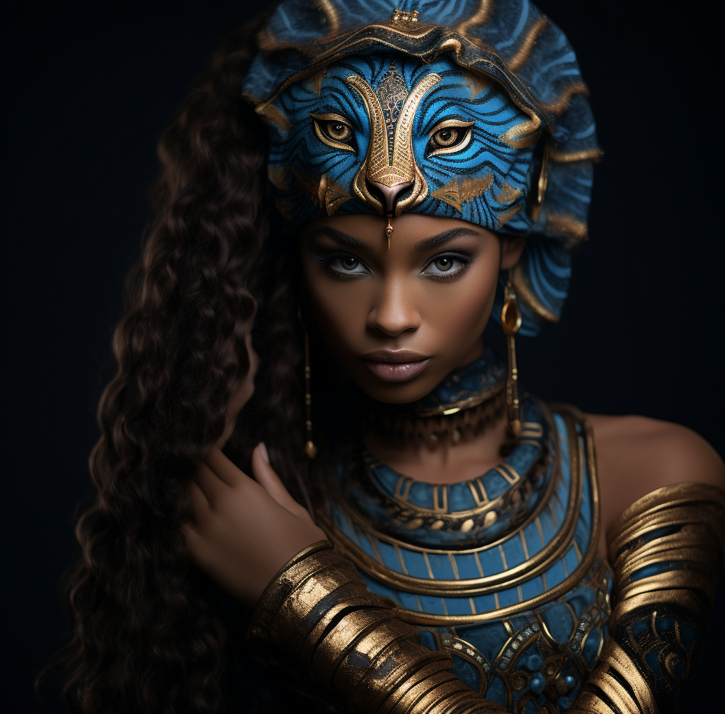 Midjourney prompt: A portrait of an african princess and cat is shown... - Midjourney