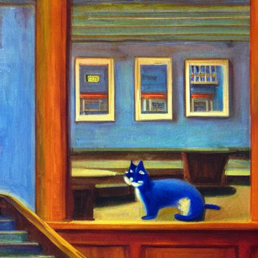 Stable Diffusion prompt: Blue cat in a vintage bar like E...