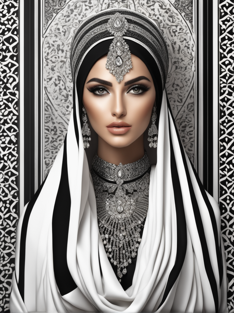 AI generated: Stable Diffusion prompt: a centered Persia fashion model, white, black, int... (Stable Diffusion - Fashion)