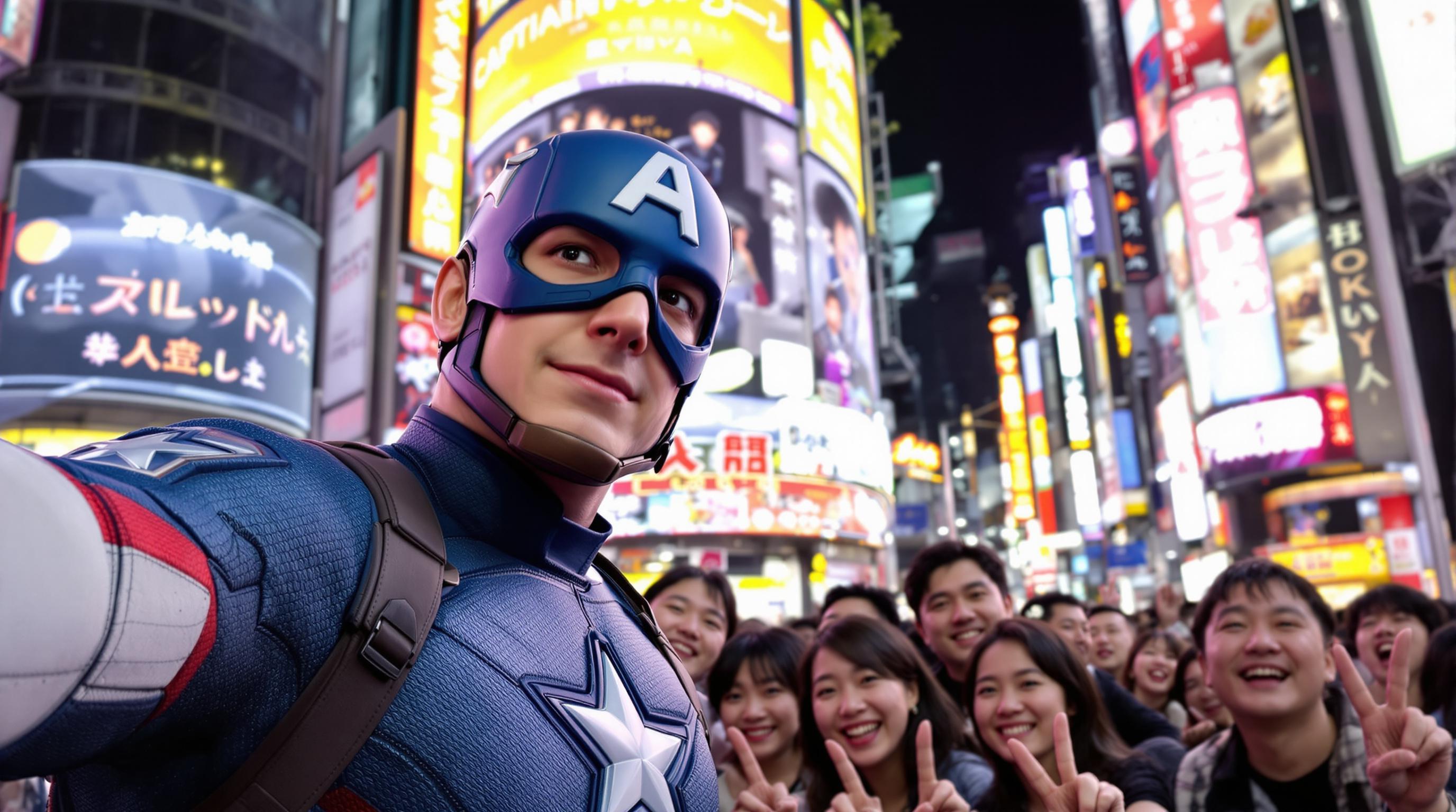FLUX prompt: Captain America in His iconic suit, casually...