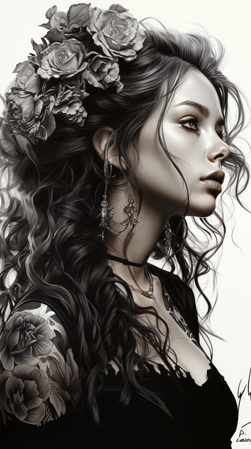 AI generated: Midjourney prompt: black and white portrait of a woman having long ha... (Midjourney - Portraits)