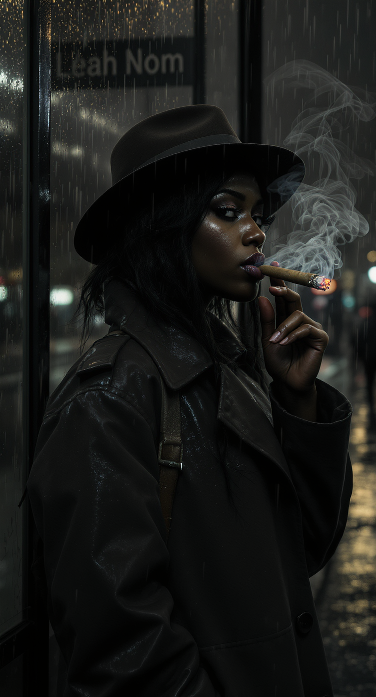 FLUX prompt: African girl, raincoat, black hair, rain, night ci... - FLUX