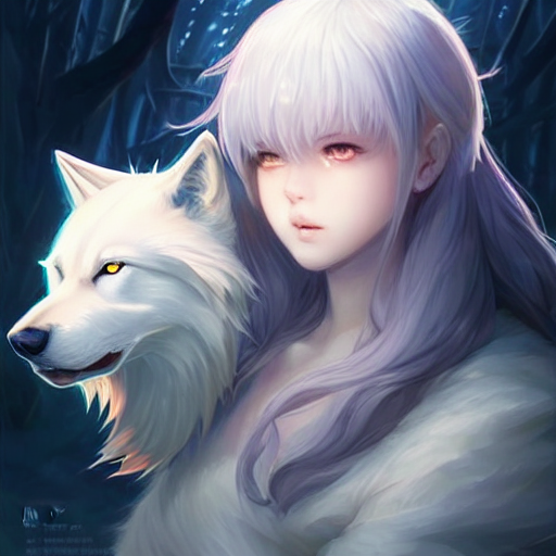 Stable Diffusion prompt: girl facing a giant white wolf,