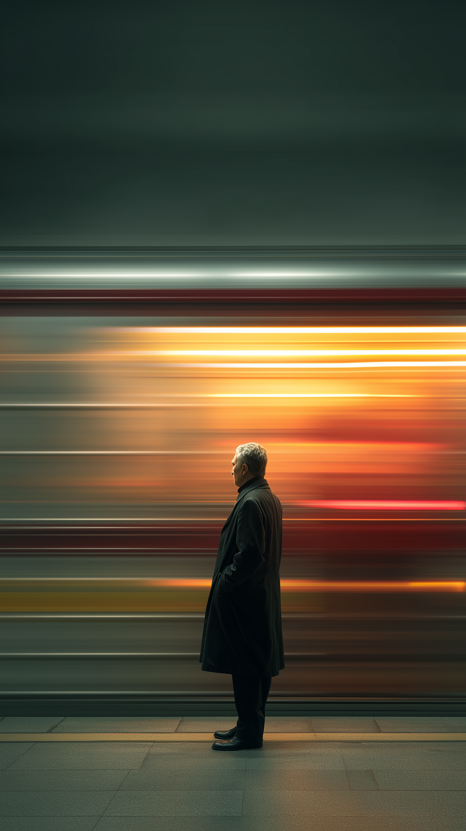 AI generated: Midjourney Shatter prompt: depict a man in a dark coat standing still at a su... (Midjourney Shatter - Photography)