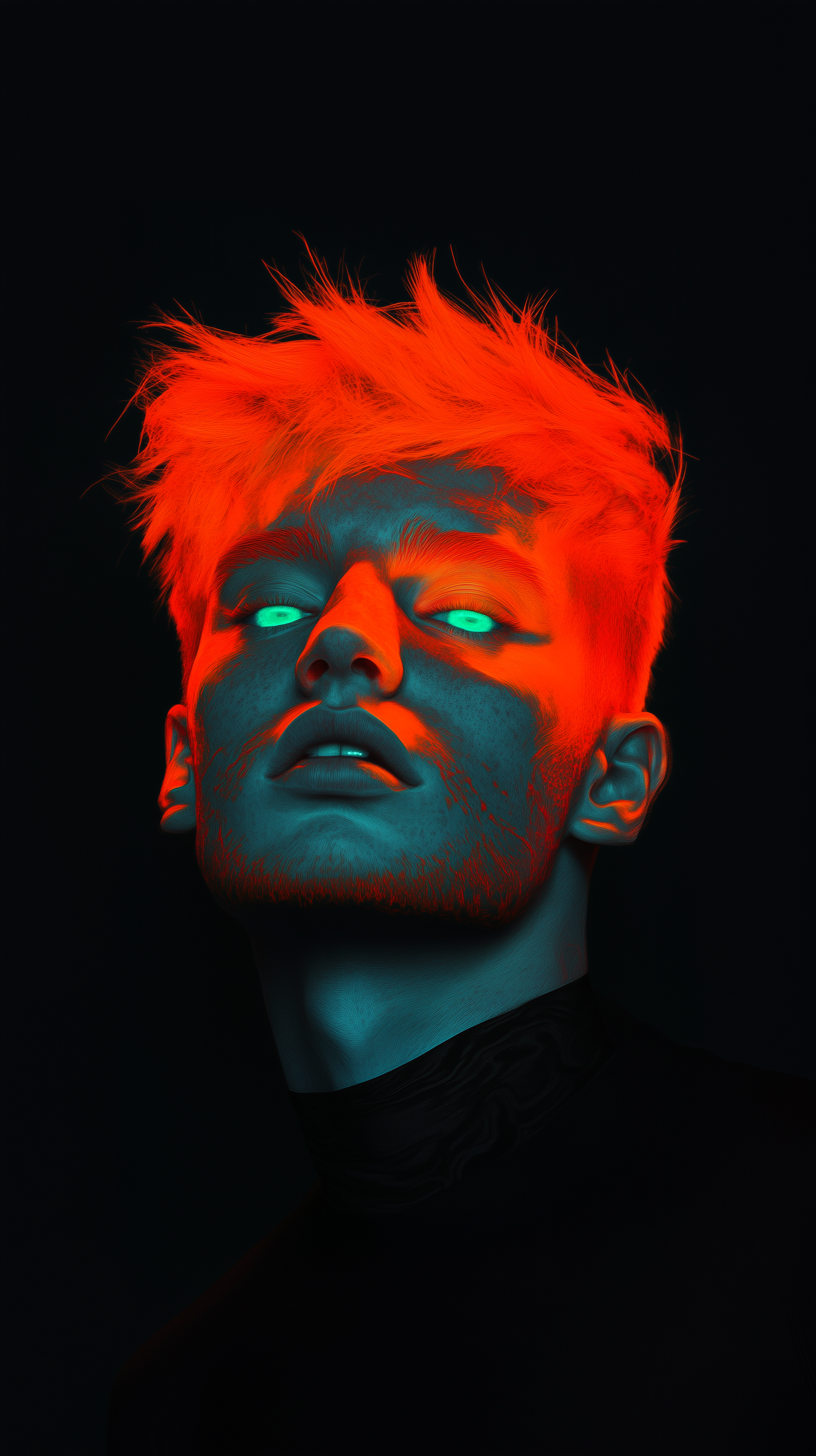 AI generated: Midjourney prompt: digital portrait, man with neon orange hair, using... (Midjourney - Portraits)