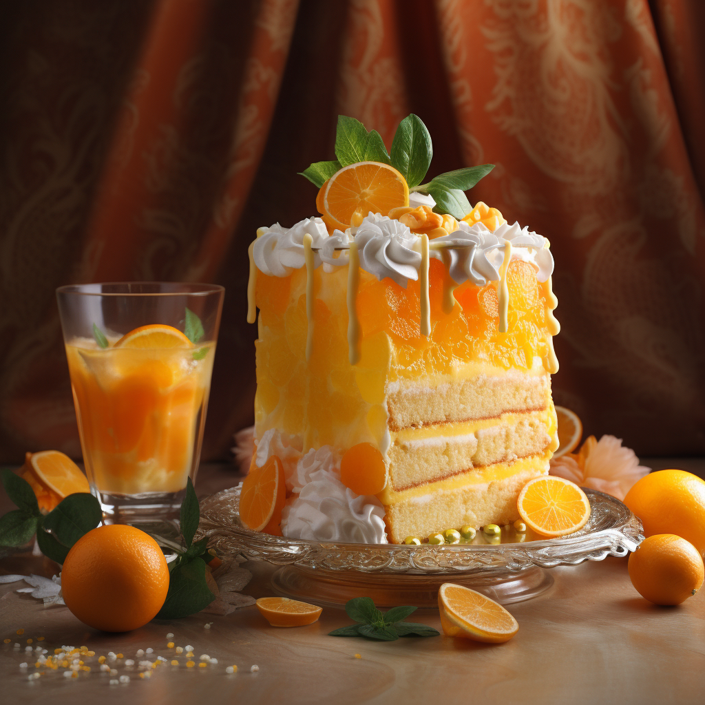 AI generated: Midjourney prompt: orange juice in the shape of a cake, a clear and d... (Midjourney - Concept Art)