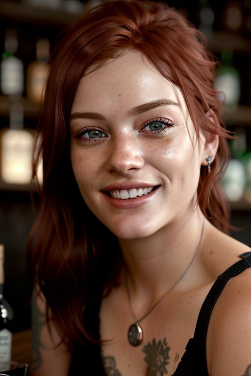 صورة مولدة بالذكاء الاصطناعي: Stable Diffusion prompt: a woman with red hair sticking out, She sits and l... (نموذج Stable Diffusion - صور شخصية)