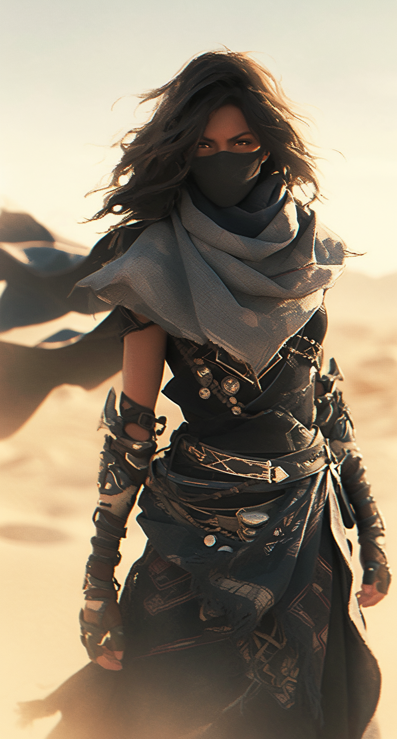 Midjourney prompt: a woman in a fancy dress standing in the desert, i... - Midjourney