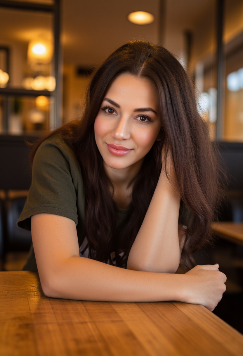 AI generated: FLUX prompt: A woman with stunning long brunette hair leans cas... (FLUX - Photography)