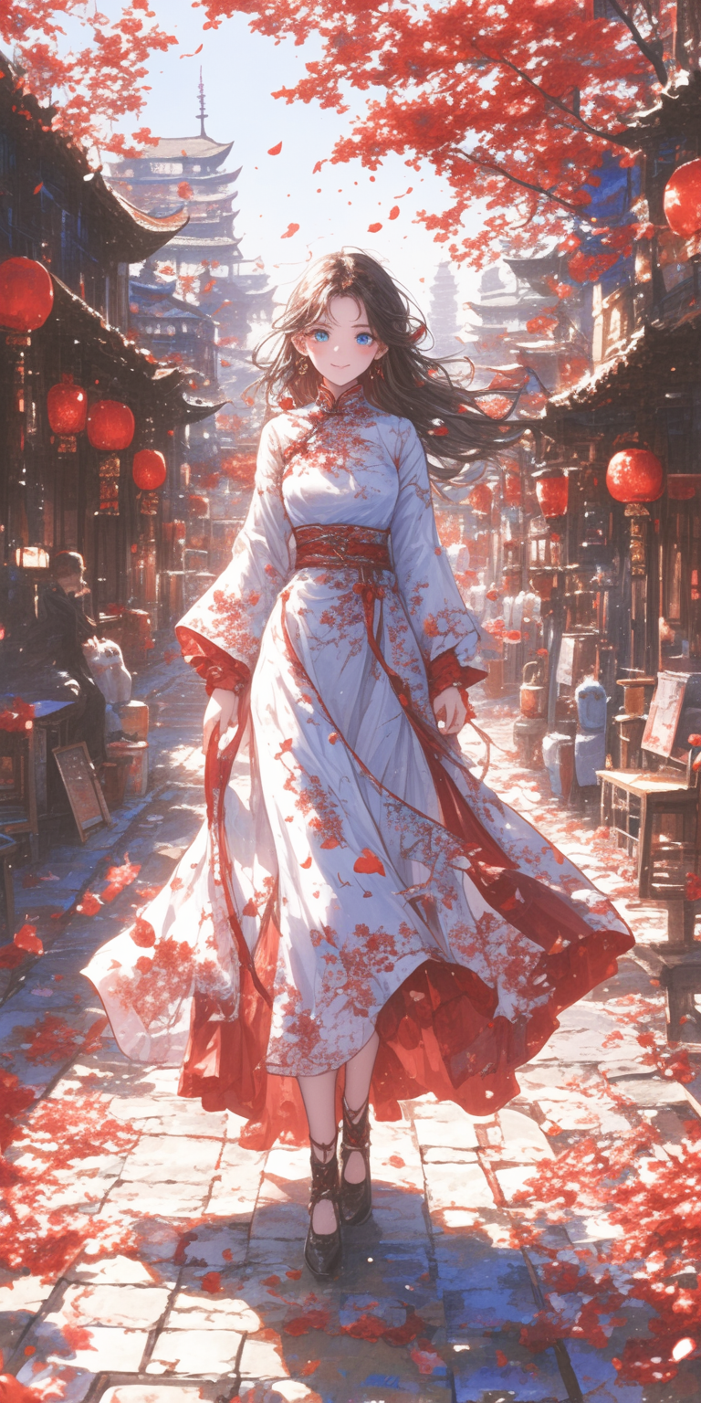 AI generated: Midjourney prompt: girl stands in a red flower surrounded street, in ... (Midjourney - Anime)