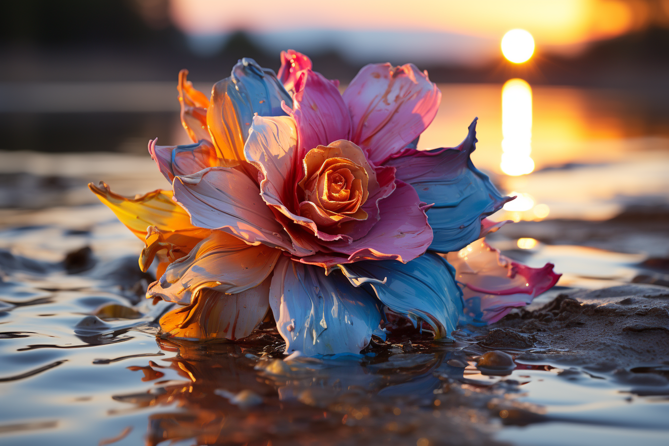 AI generated: Midjourney prompt: pouring rain on a tropical beach:: a fallen colour... (Midjourney - Photography)