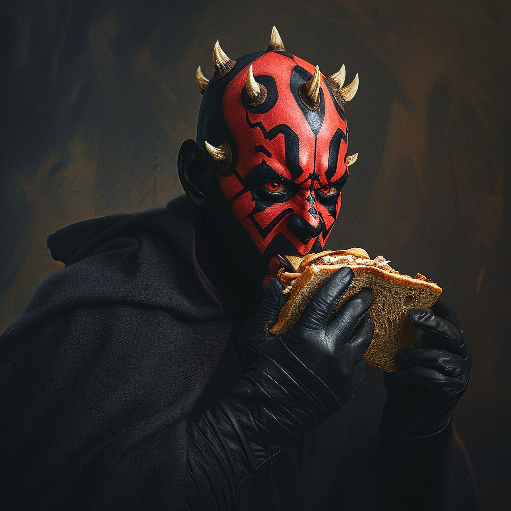 صورة مولدة بالذكاء الاصطناعي: Midjourney prompt: darth maul eating a sandwich --v 6.0 (نموذج Midjourney - فن مفاهيمي)