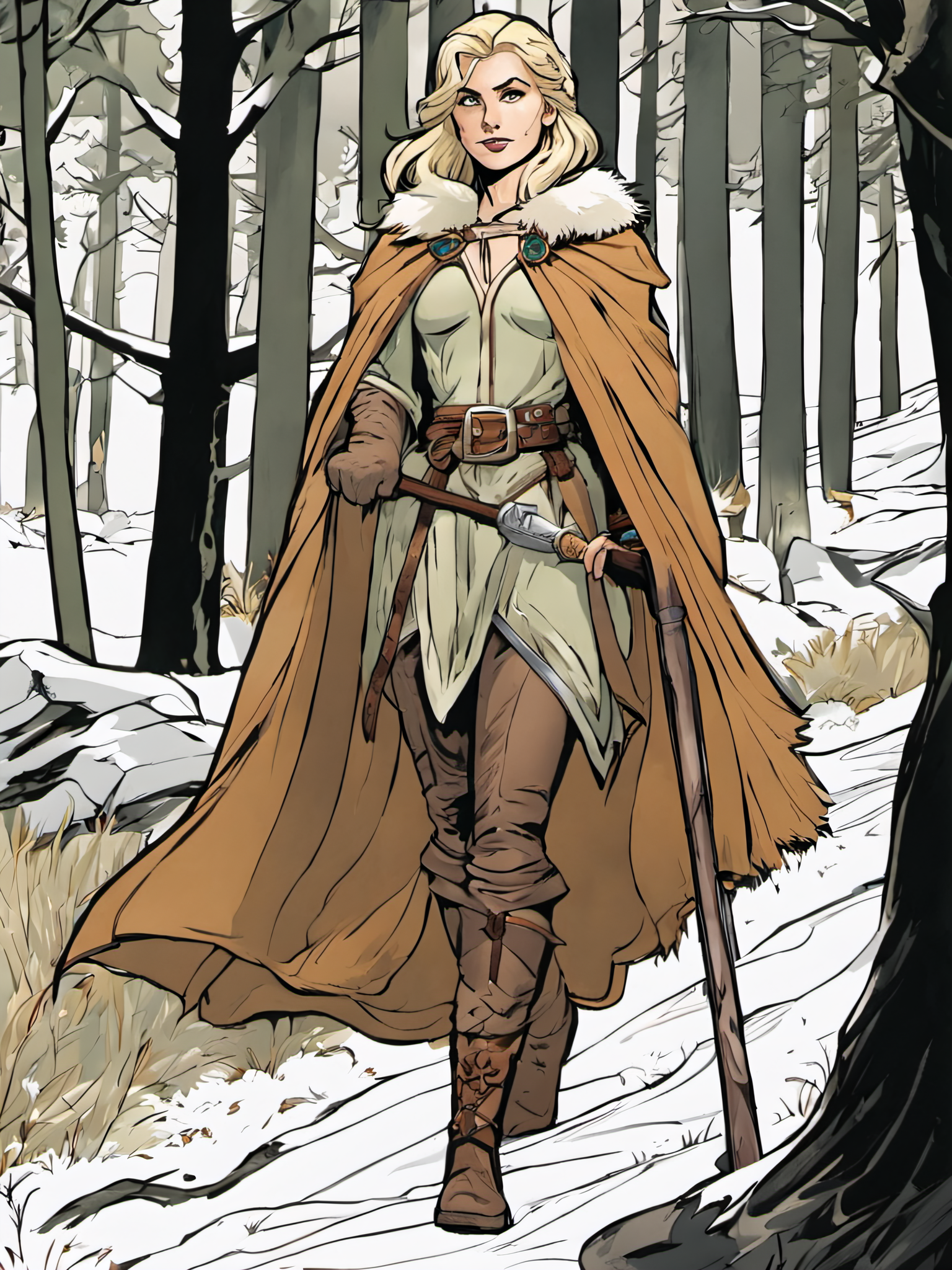 AI generated: Stable Diffusion prompt: comic breathtaking Blonde Elf Woman, wearing a Fur... (Stable Diffusion - Character Design)