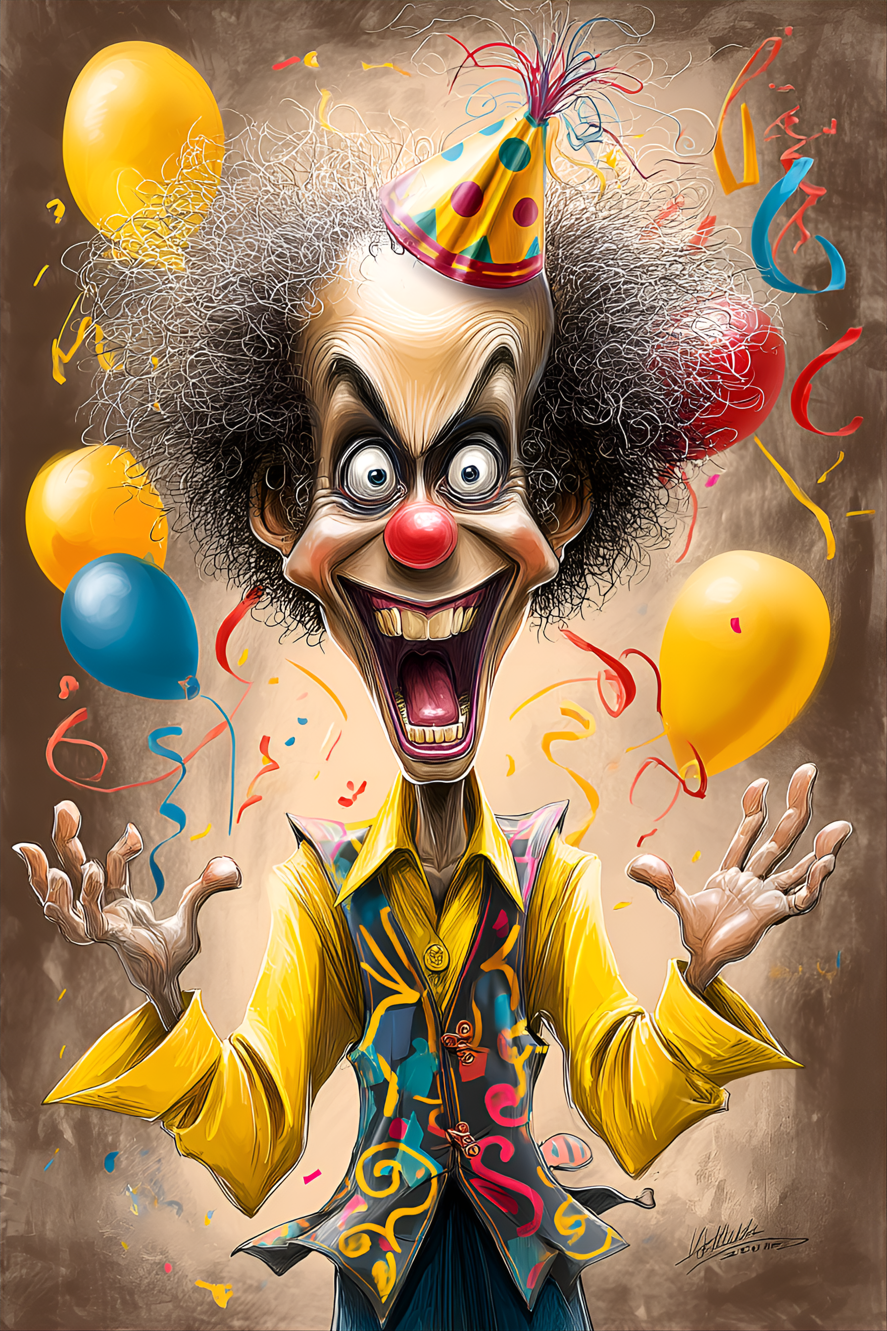 Midjourney prompt: funny caricature, manic party clown, 40 years old,... - Midjourney